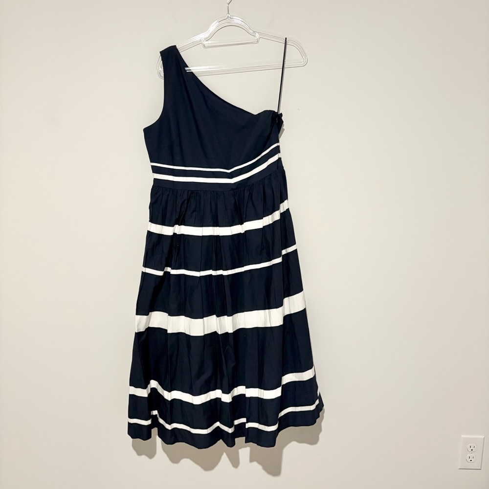 J crew One-shouldered maxi dress cotton poplin with ribbon stripes blue white 14 - Picture 2 of 9